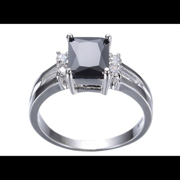 18k White Gold PLATED Black CZ  Ring - Picture 2 of 4